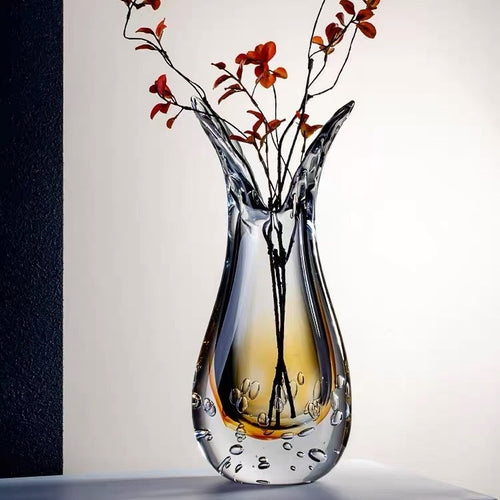 Luxury amber art glass vase with flowers