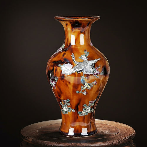 Amber Ceramic Crane And Floral Vase