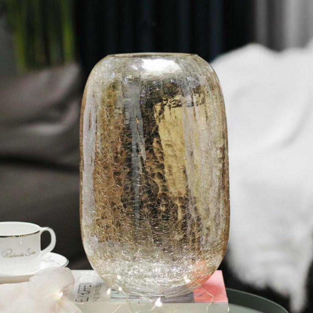 Close up of amber crackle glass vase texture