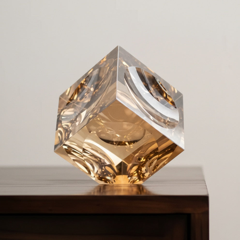 Faceted amber crystal cube sculpture displaying light refraction