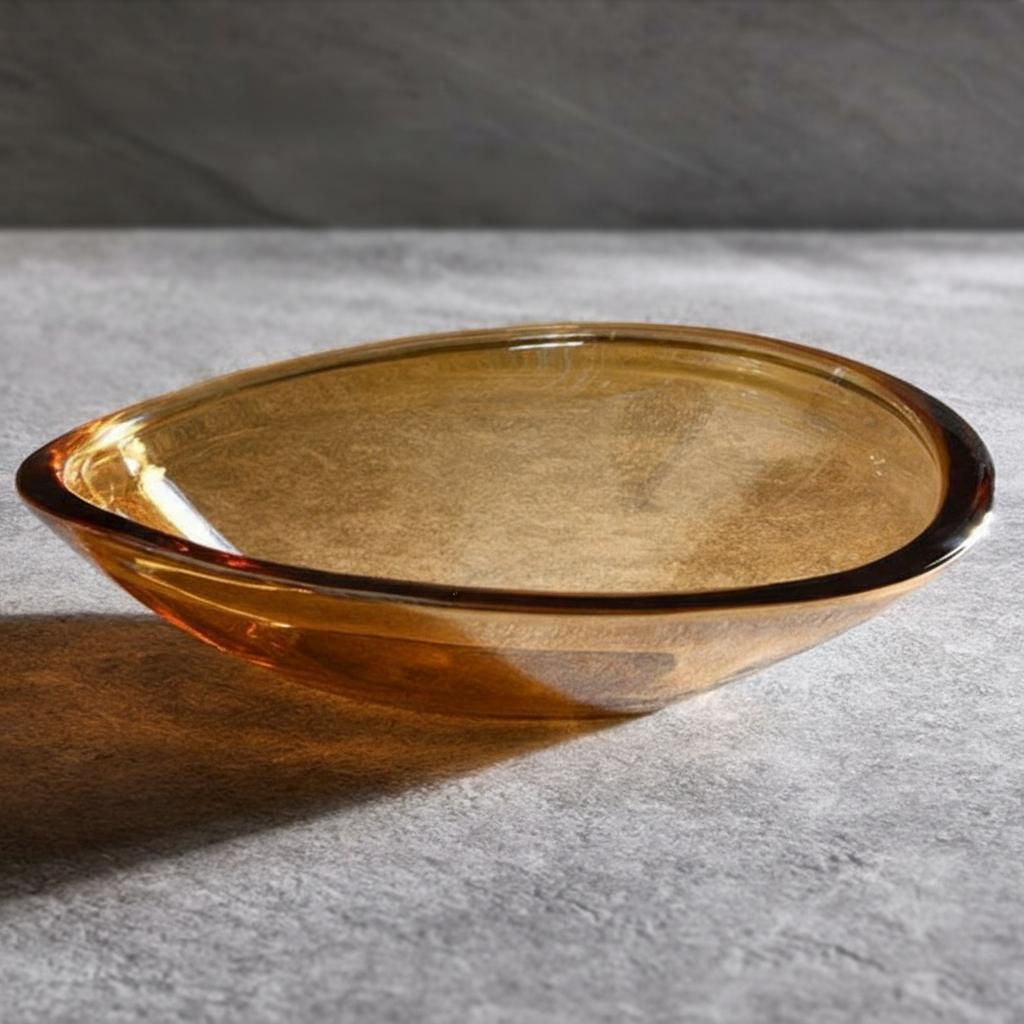 Side profile of asymmetrical amber crystal bowl showing rim thickness
