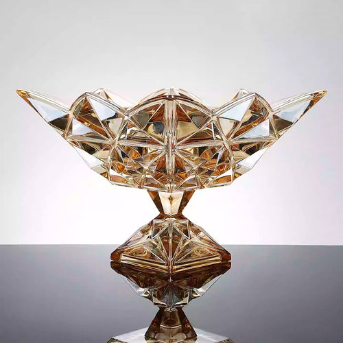 Front view of amber crystal geometric fruit bowl