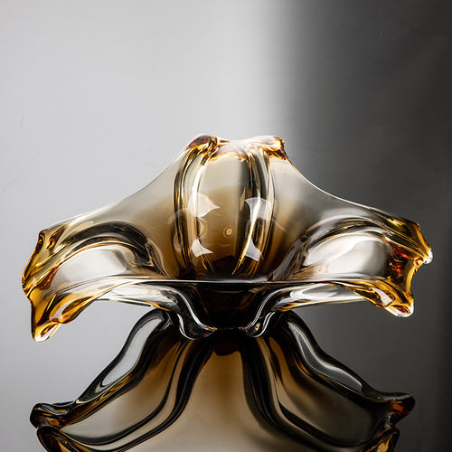 Front view of organic wave amber glass bowl