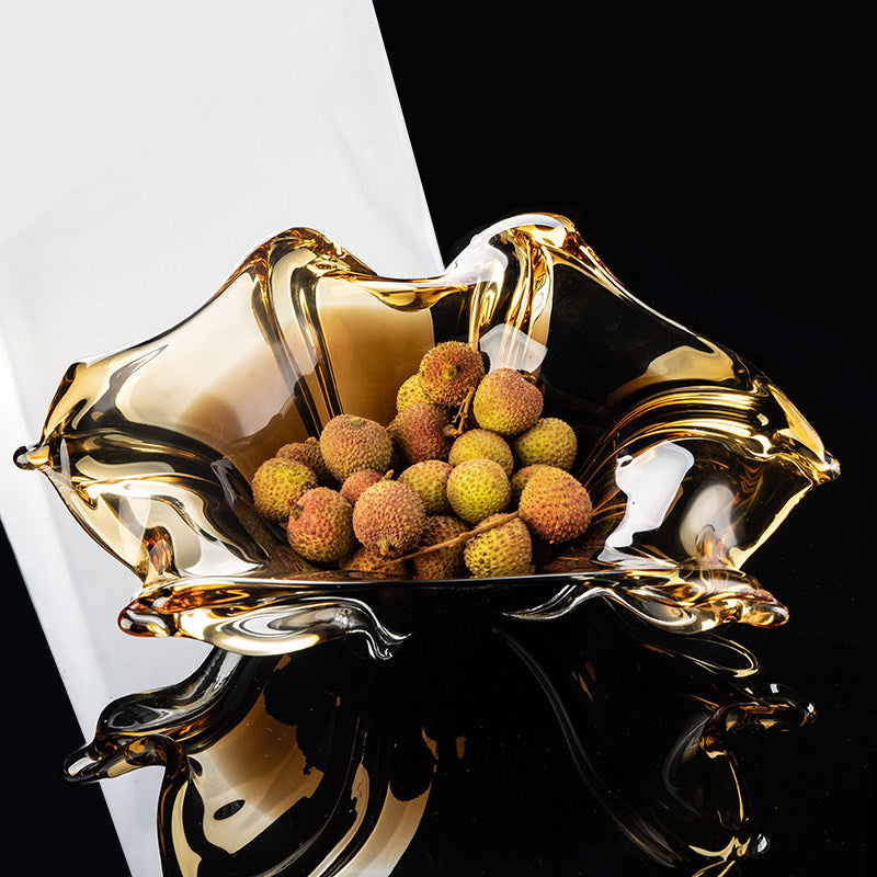 Top angled view of amber crystal fruit bowl