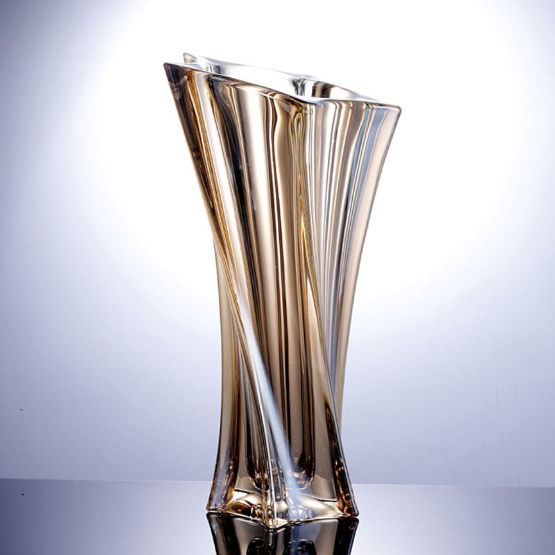 Amber crystal glass twisted vase side angle
