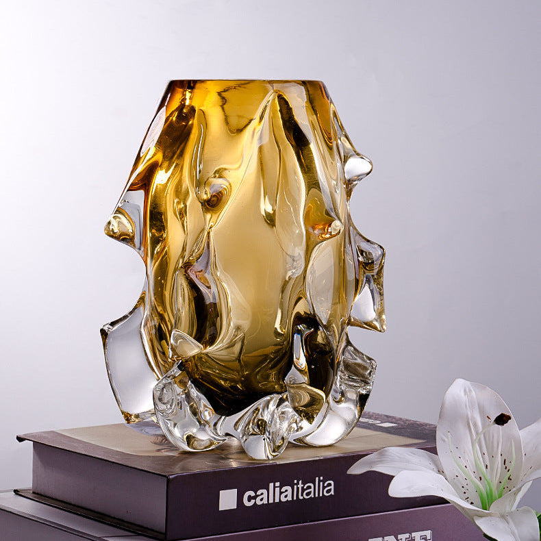 Close up of thick clear glass casing over amber