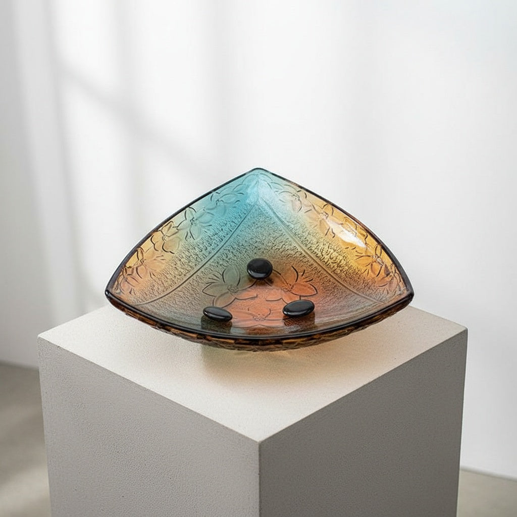 Top down view of empty amber glass bowl detailing floral pattern