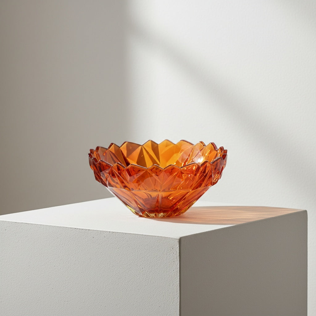 Amber faceted crystal glass centerpiece bowl side view