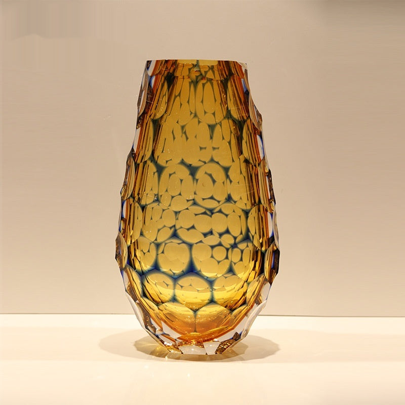 Large amber faceted glass vase front view