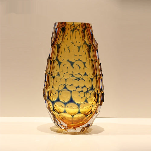 Large amber faceted glass vase front view