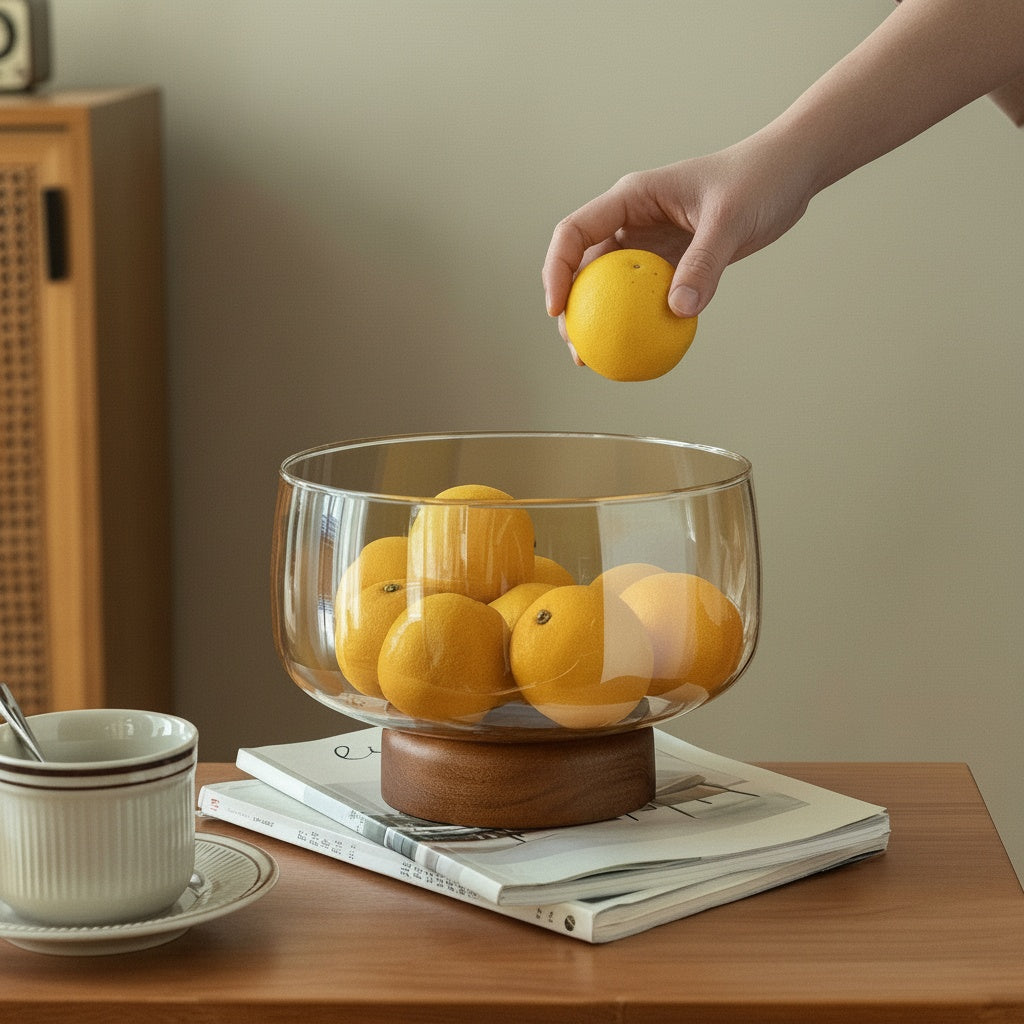 Amber Glass And Wood Pedestal Bowl holding fresh fruit