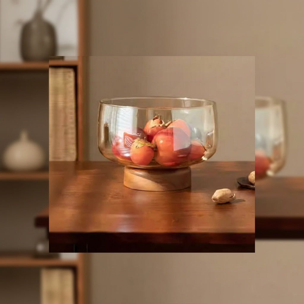 Amber Glass And Wood Pedestal Bowl displaying seasonal fruit