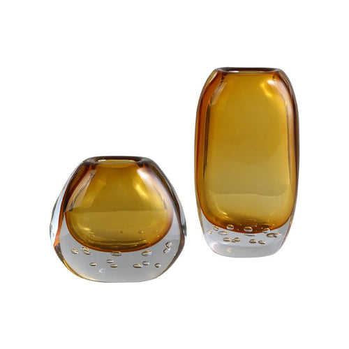 Main studio shot of tall and short amber vases