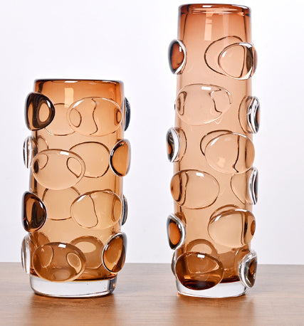 Set of two amber glass bubble vases