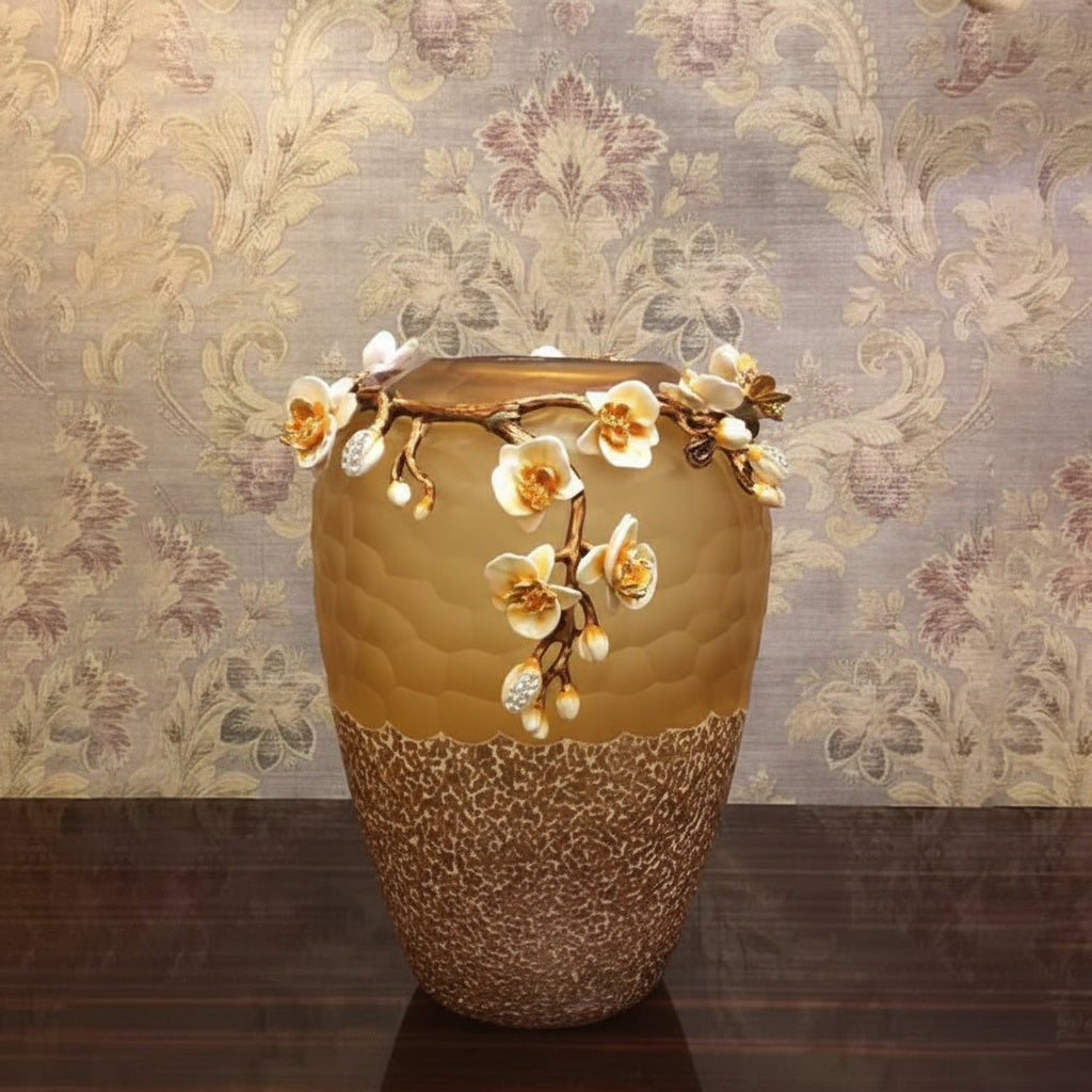 Full view of textured amber and gold vase
