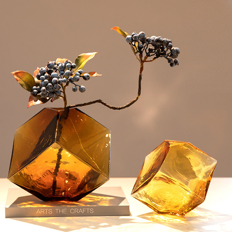 Large and medium faceted amber glass vases