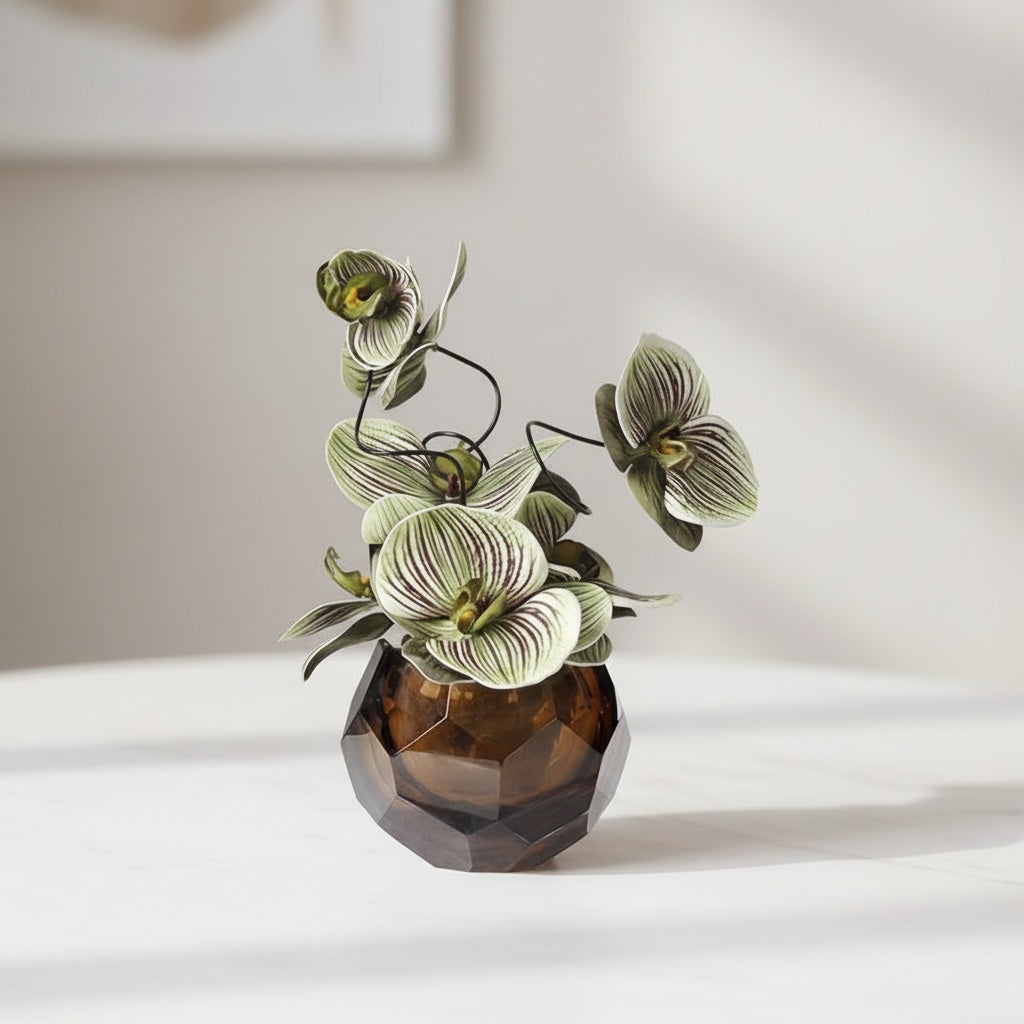 Amber Glass Geometric Vase With Botanicals