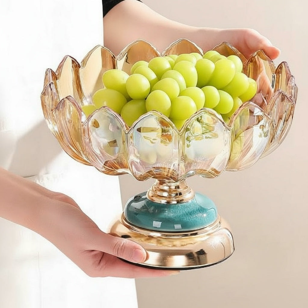 Amber Glass And Gold Finish Lotus Pedestal Fruit Bowl