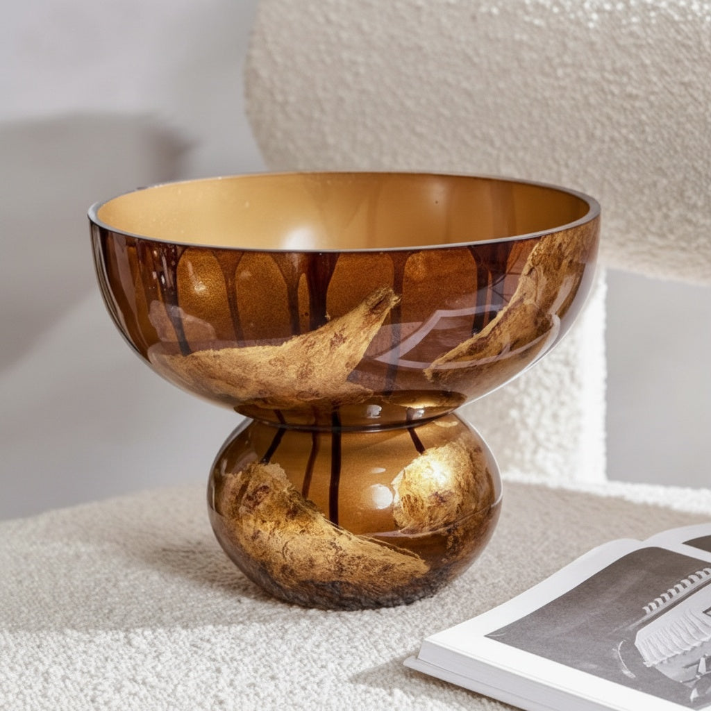 Amber glass pedestal bowl with gold leaf detailing front view