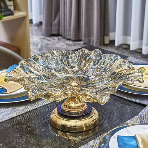 Amber glass scalloped fruit bowl on gold finish pedestal