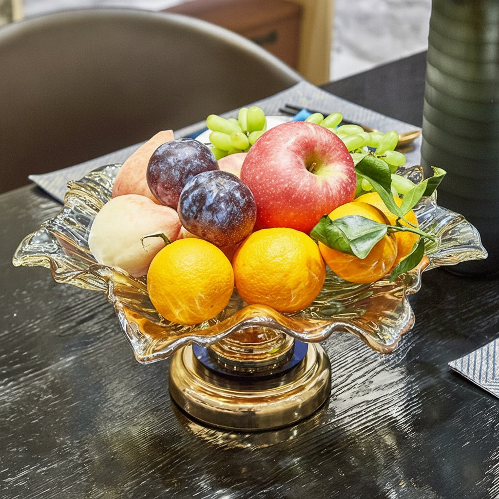 High angle view of wavy rim amber glass bowl on table