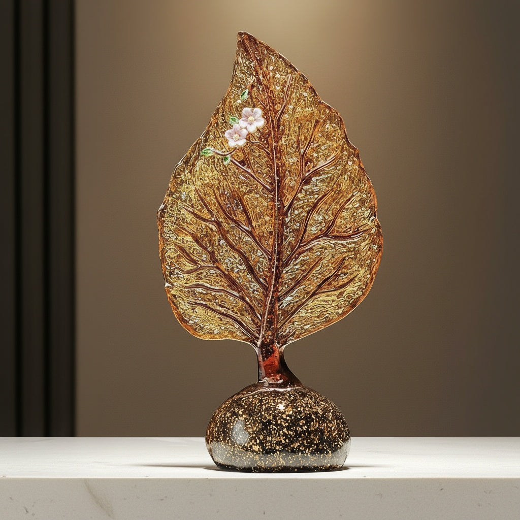 Front view of amber glass leaf sculpture on white surface