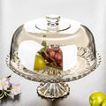 Amber glass cake stand with dome cover and fruit display