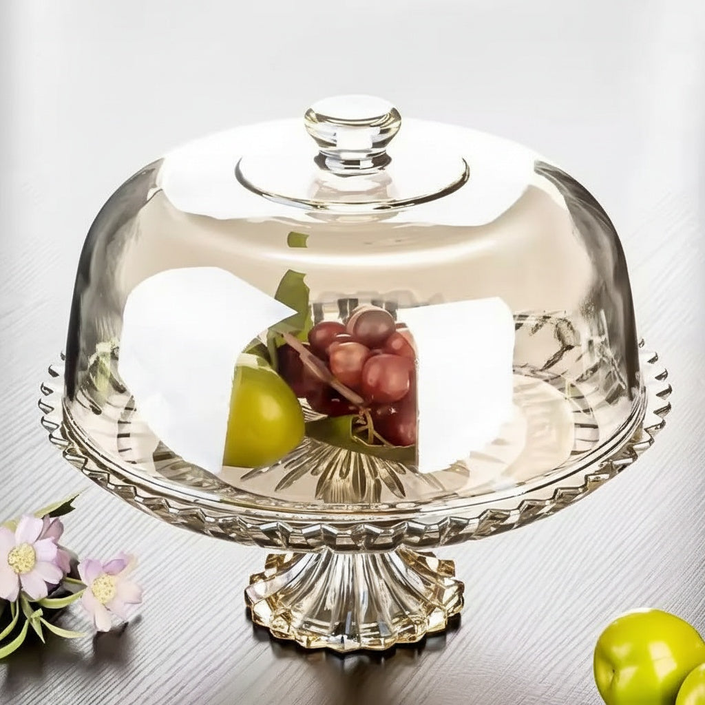 Amber glass cake stand with dome cover and fruit display
