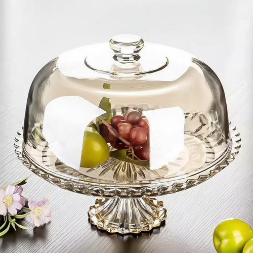 Amber glass cake stand with dome cover and fruit display