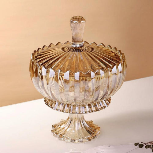 Front view of amber glass candy jar with lid