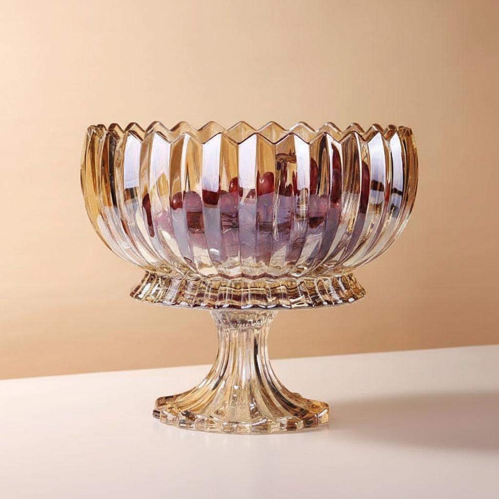 Front view of open amber glass jar without lid