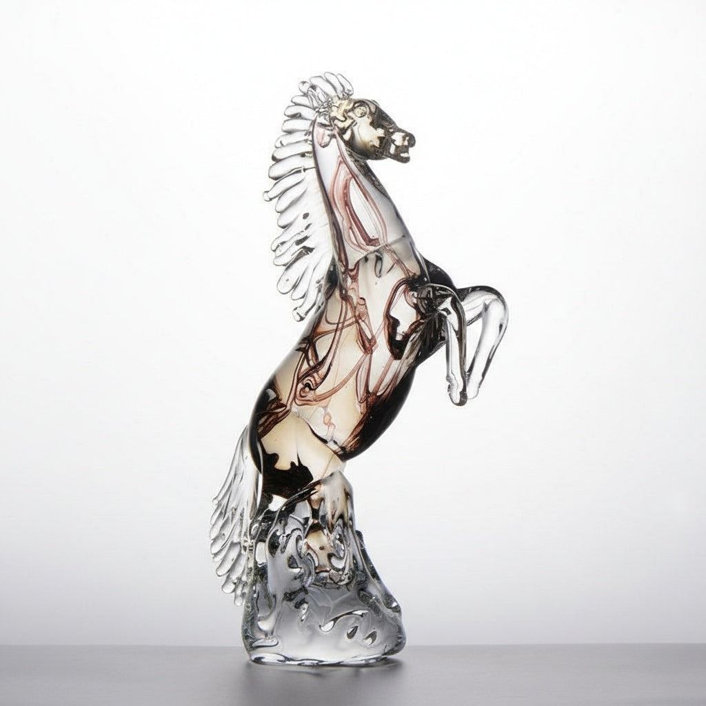 Full view of amber and clear glass rearing horse sculpture