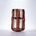 Large amber glass and red cane caged vase front view