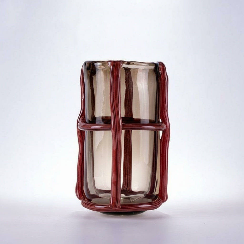 Large amber glass and red cane caged vase front view