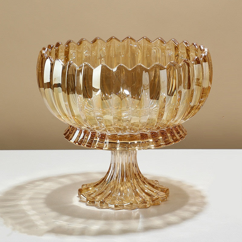 Amber glass ribbed footed centerpiece bowl front view