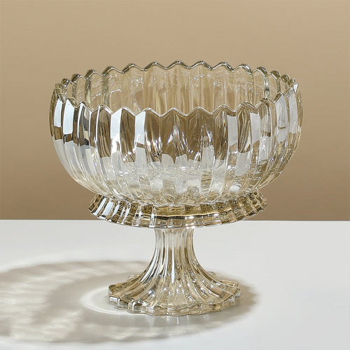 Amber glass ribbed footed centerpiece bowl angled view