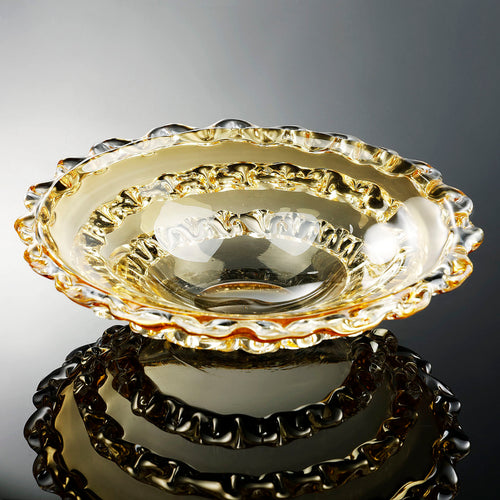 Amber glass ruffled centerpiece bowl angled view