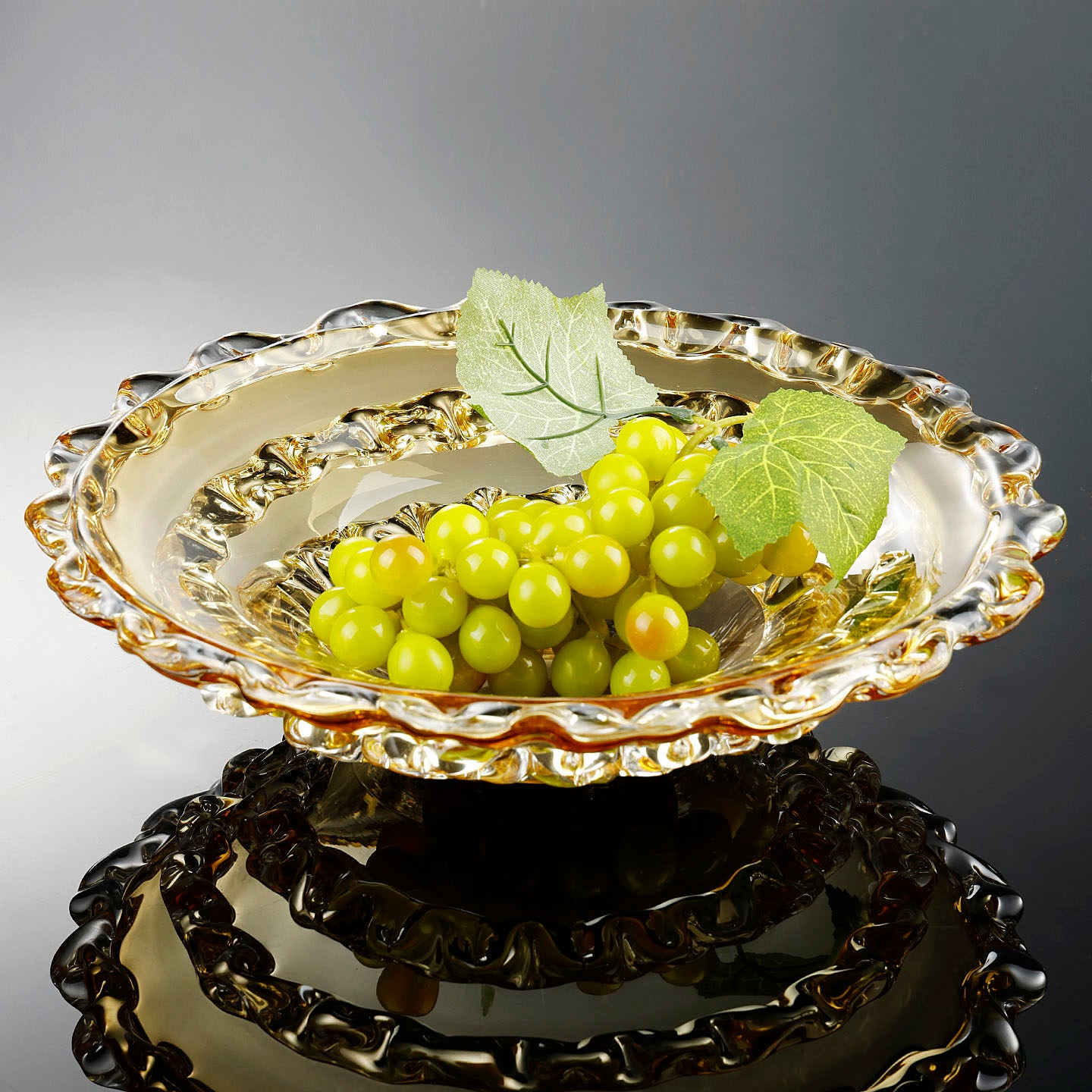 Amber glass bowl with grapes styling