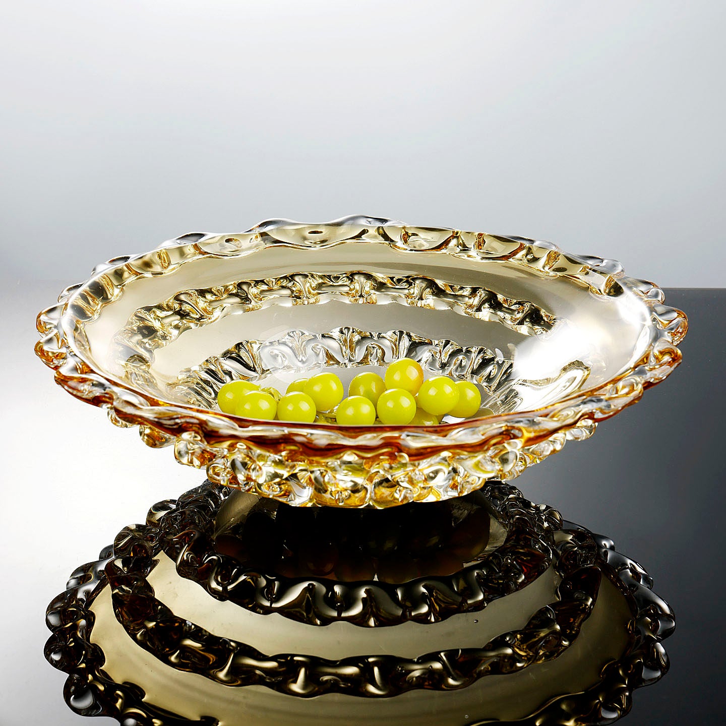Amber glass bowl side view with fruit