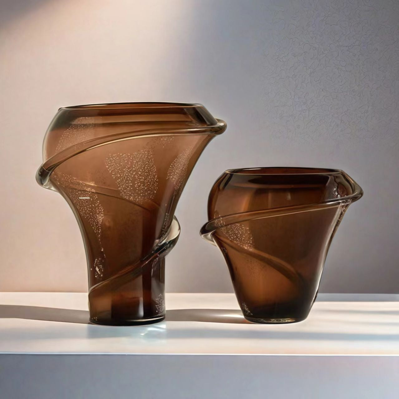 Amber glass spiral vase set large and medium