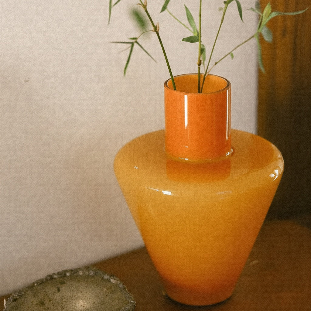 Close up of amber glass vase neck detail