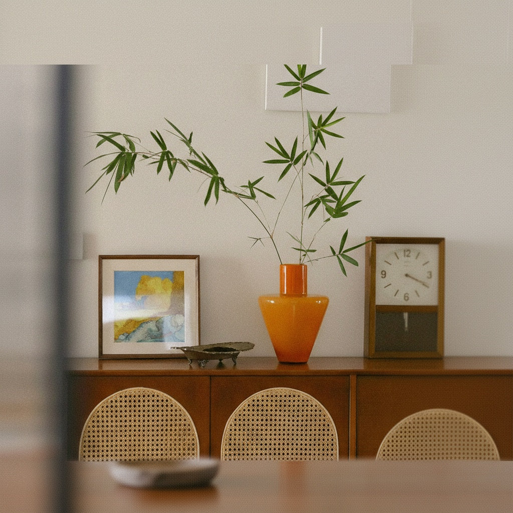 Styled amber vase on wooden sideboard with decor