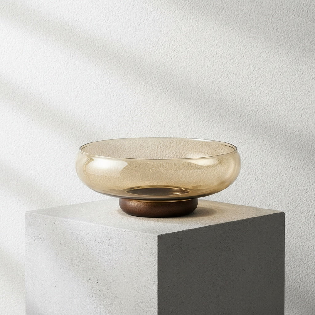 Empty amber glass centerpiece bowl showing wood base detail