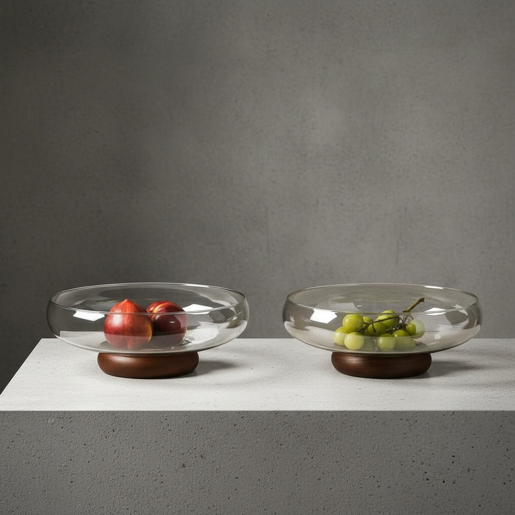 Lifestyle shot of amber glass and wood bowl on coffee table