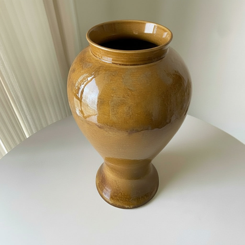 Amber Glazed Ceramic Baluster Vase Top Angle