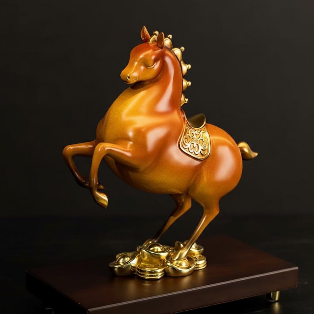 Side view of amber horse statue with gold saddle against dark background
