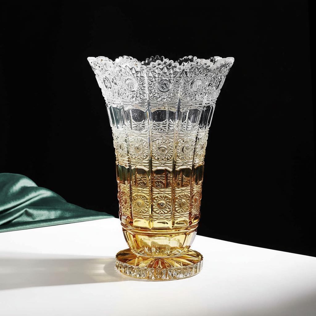 Side profile of heavy cut glass vase showing amber to clear transition