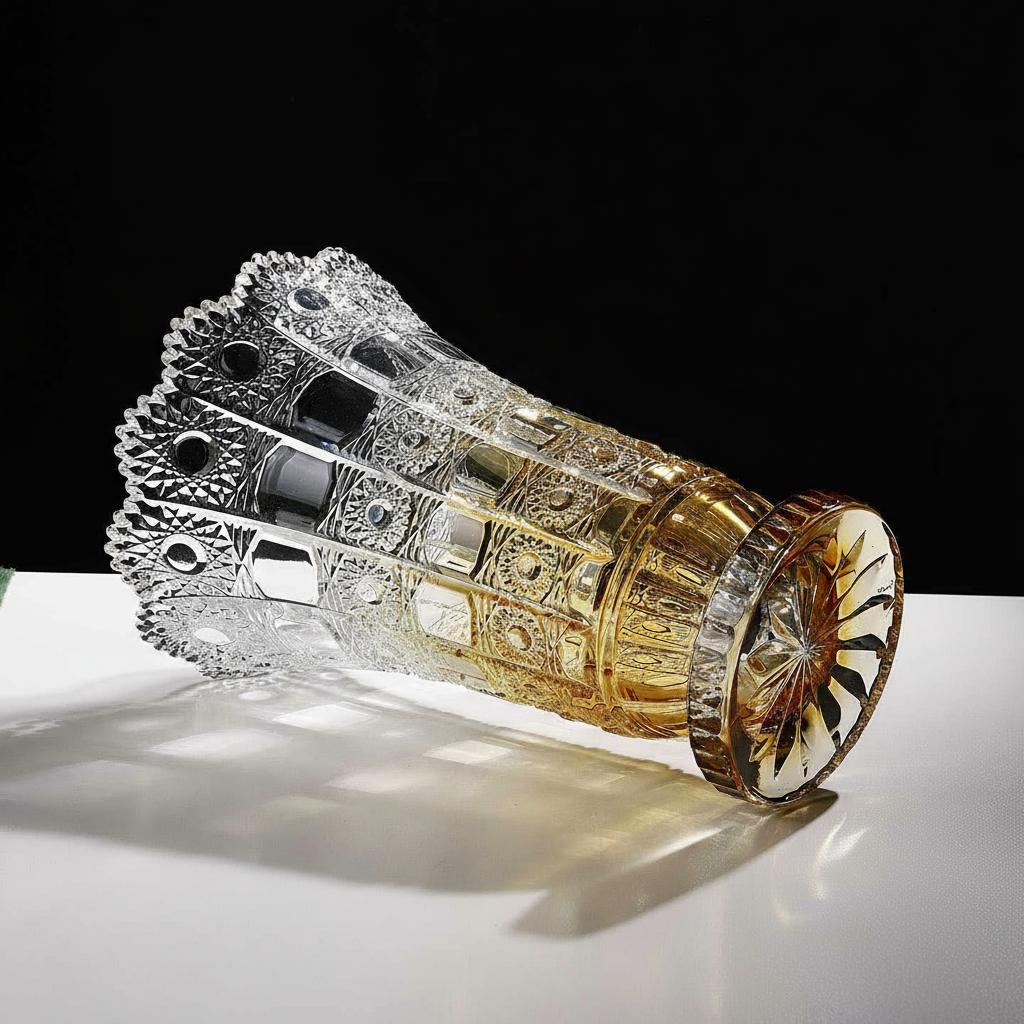 Tilted view of amber glass vase highlighting scalloped rim and base details