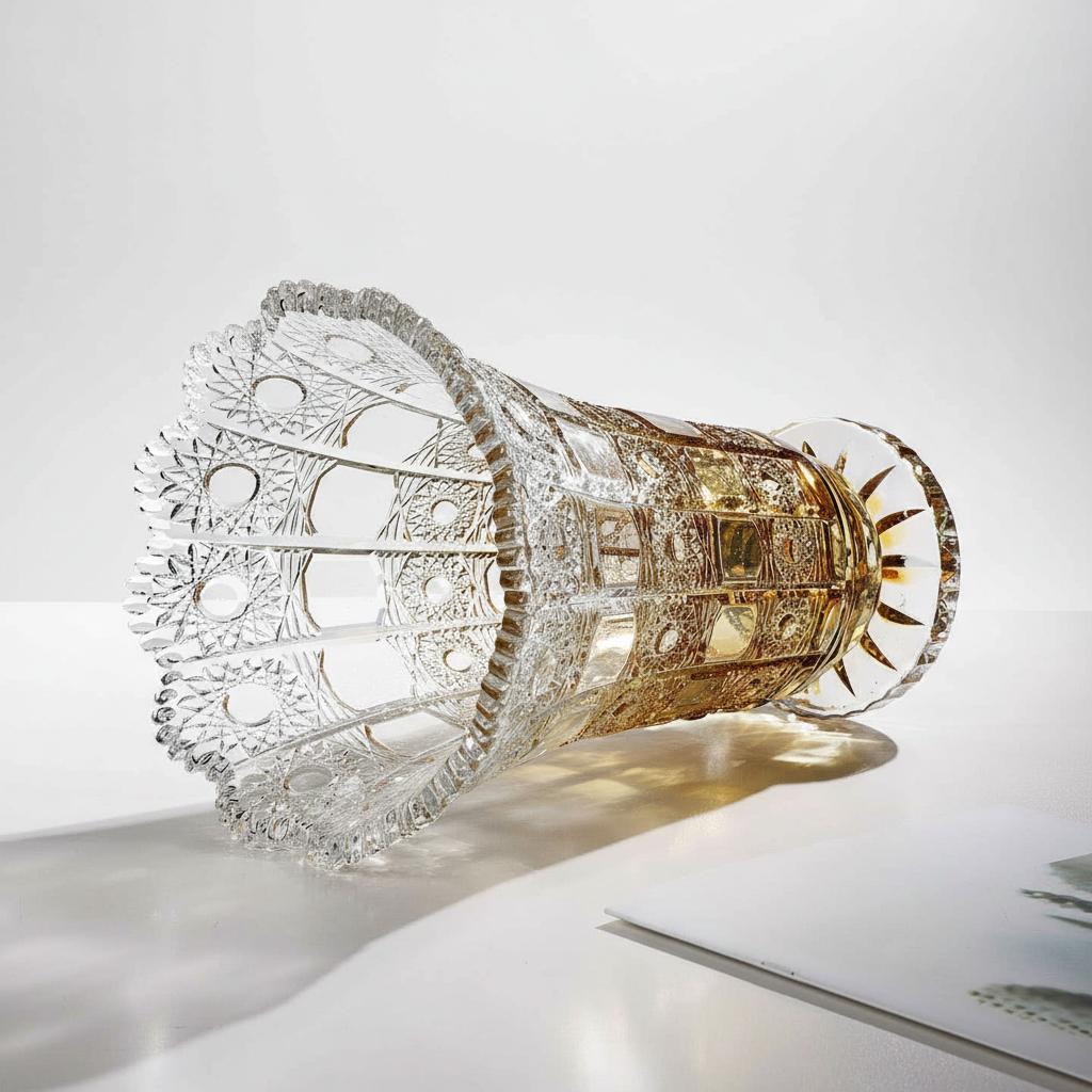 Top down perspective of cut glass vase showing geometric clarity