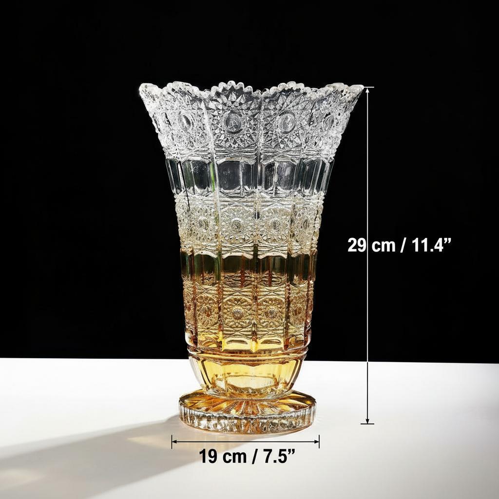 Dimension diagram of amber cut glass vase with height and base width